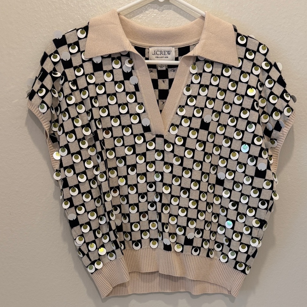 J. Crew Beige and Black Sequin Checkered Top